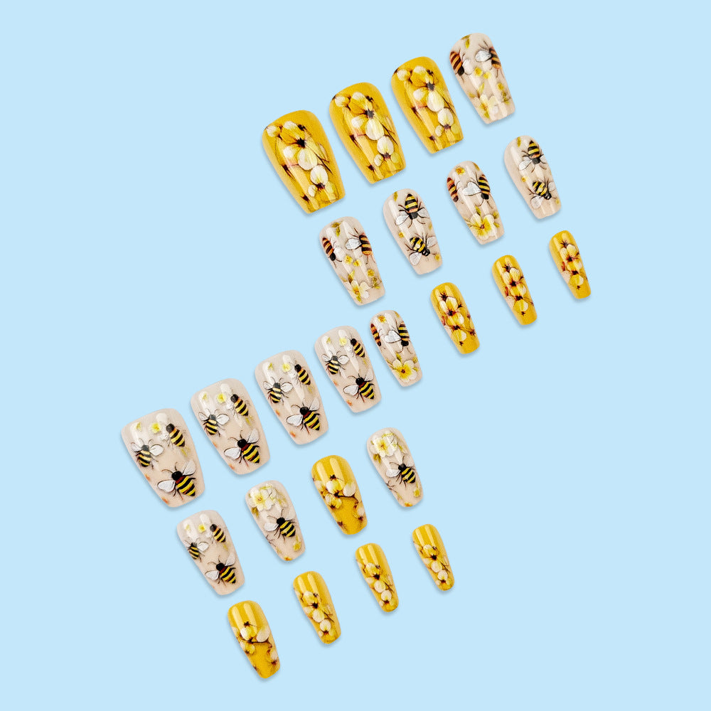 24pcs/Set Yellow Floral Bee Press On Nails