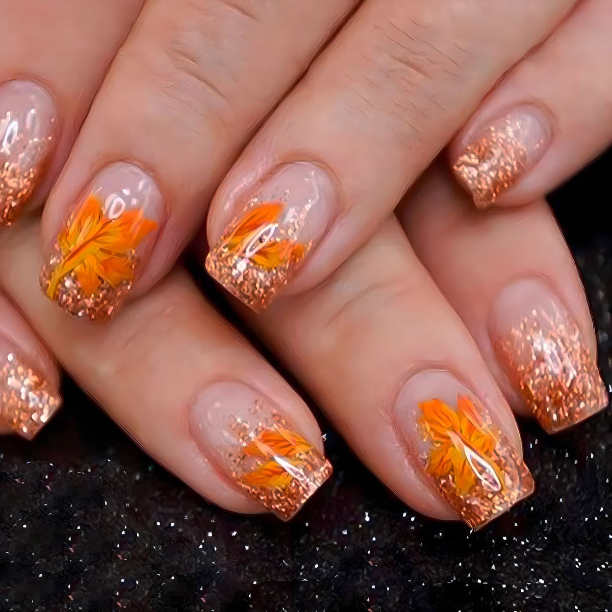 24pcs/Set Gold Glitter Maple Leaves Press-On Nails