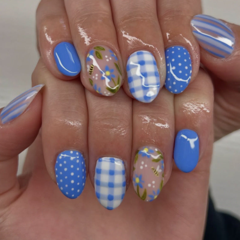 24pcs/Set Blue & White Plaid Floral Press On Nails