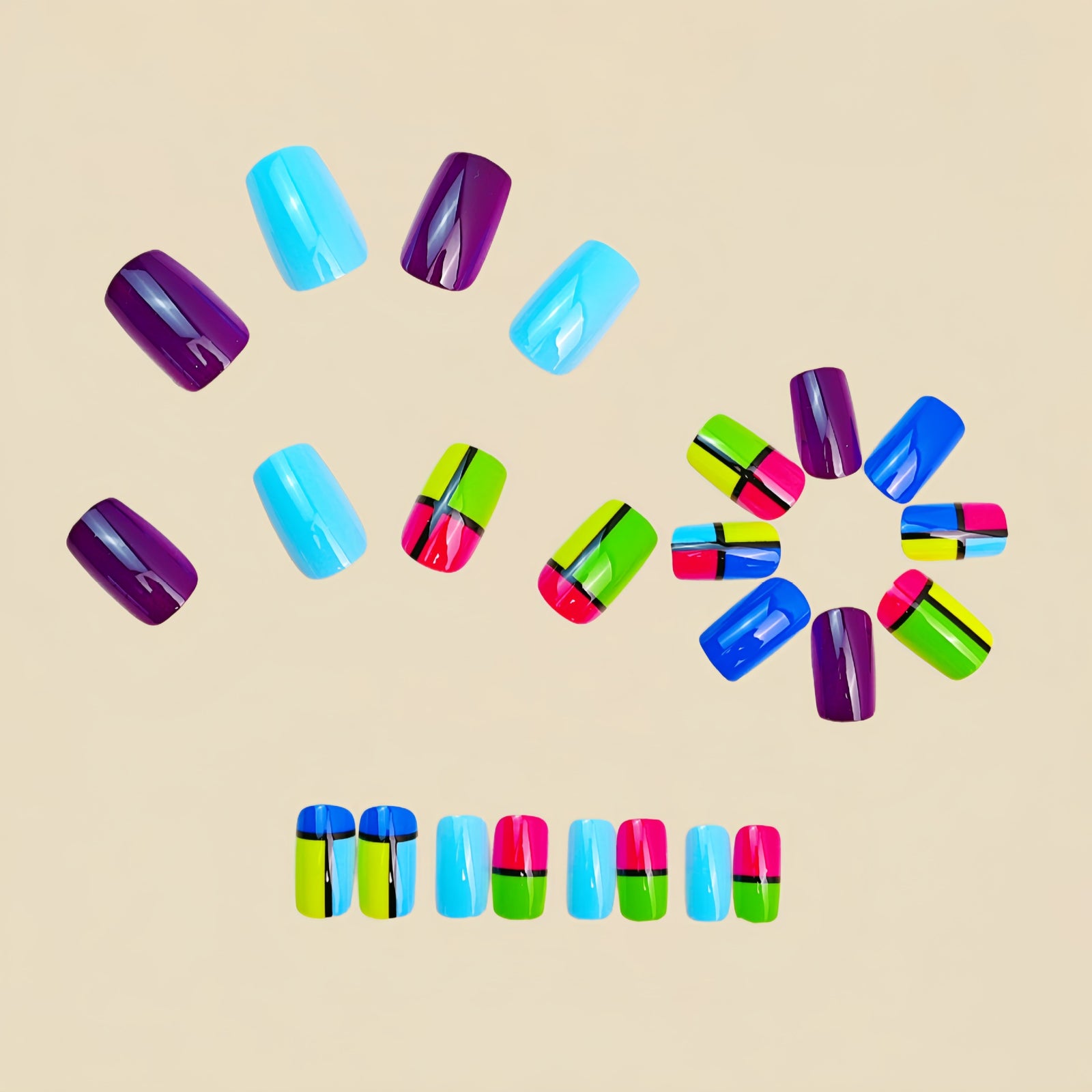 24pcs/Set Color Block Geometric Lines Press-On Nails