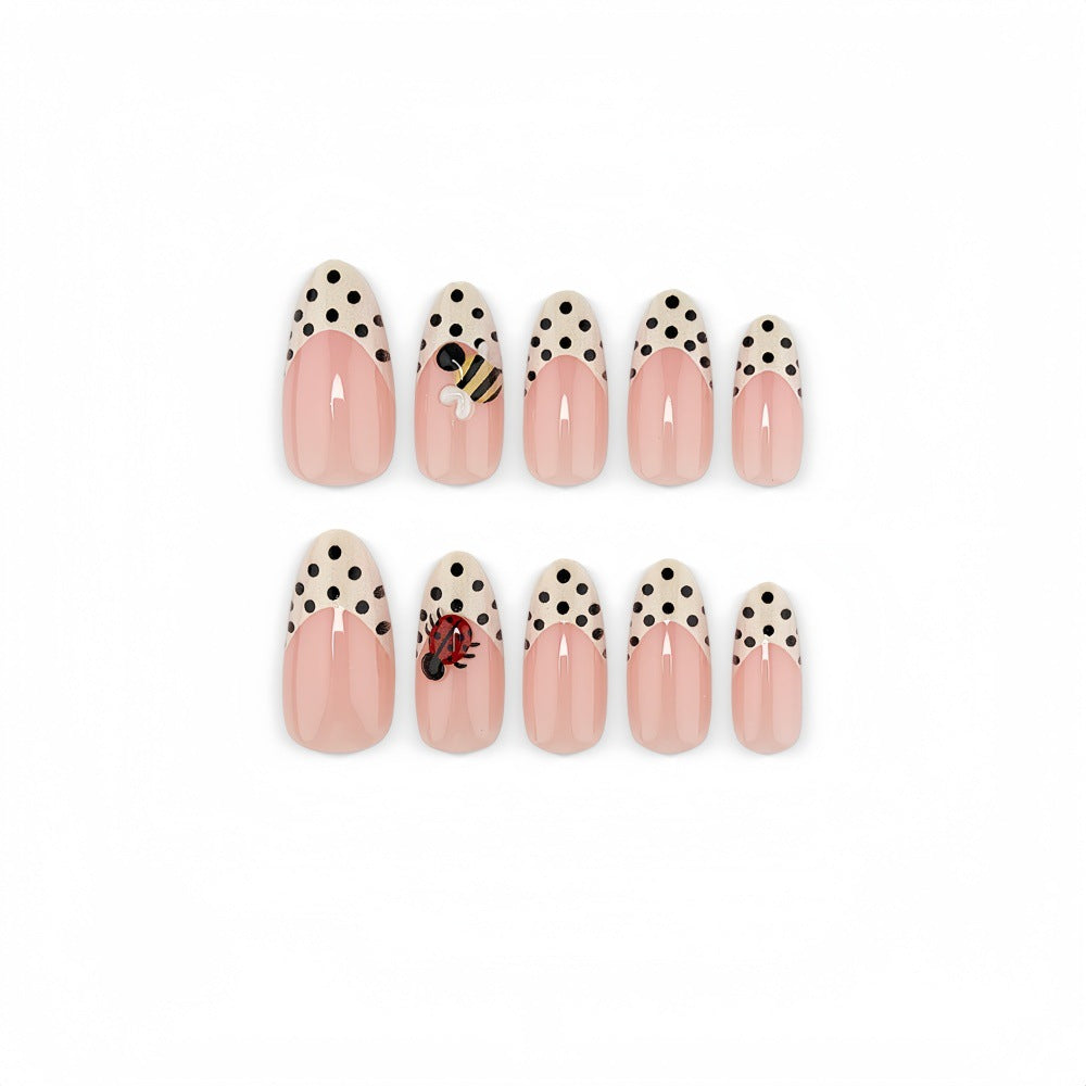 24pcs/Set Black & White Polka Dot Ladybug French Press On Nails
