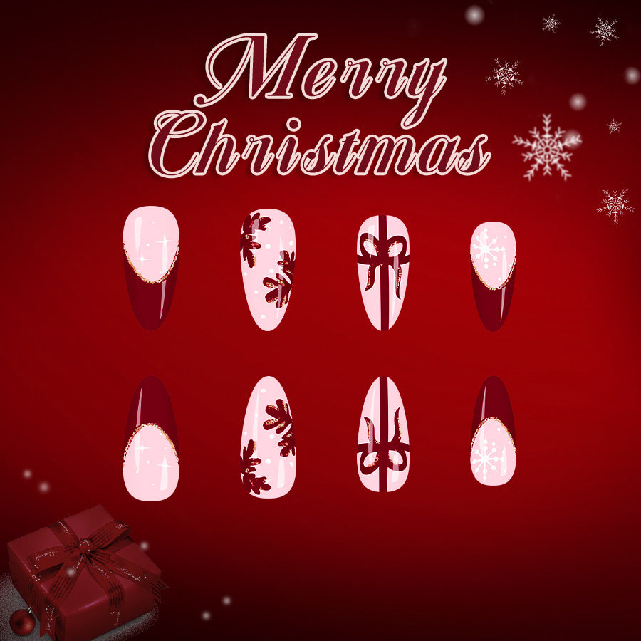 24pcs/Set Red Glitter French Tips & White Snowflakes Press On Nails