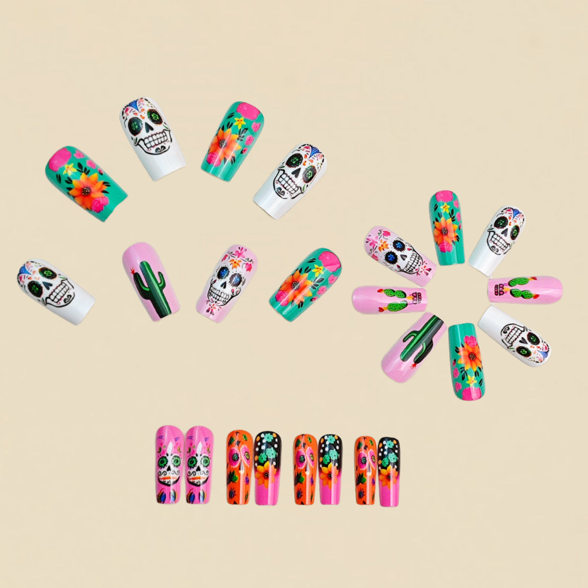 24pcs/Set Skull Cactus Sunflower Press-On Nails
