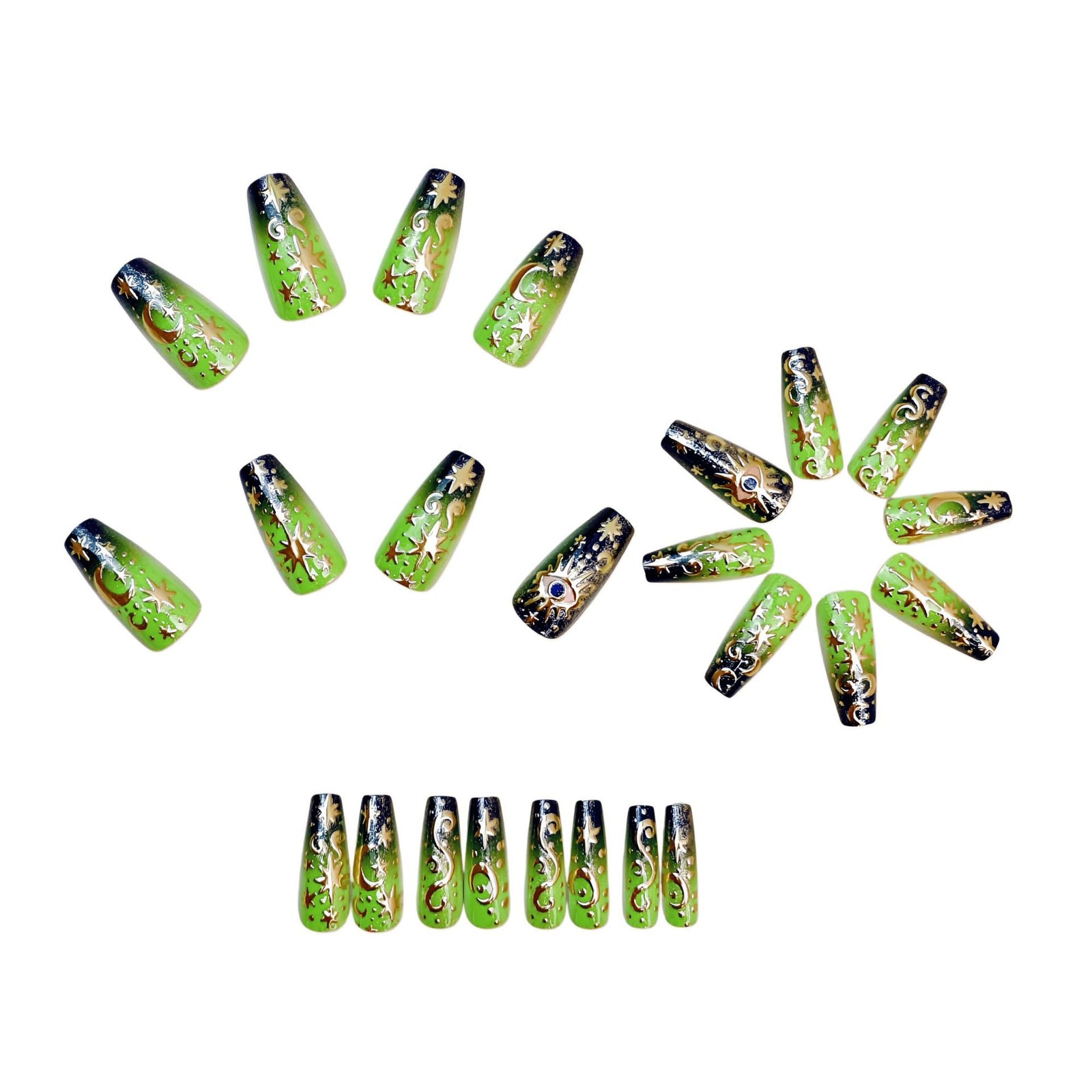24pcs/Set Green Gradient Stars & Moon Press-On Nails
