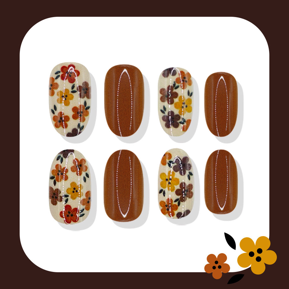 24pcs/Set Brown Floral Press On Nails