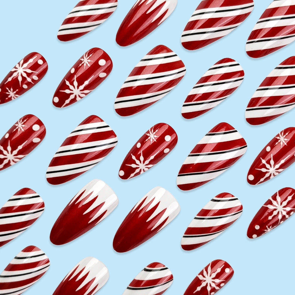 24pcs/Set Red Glow-in-the-Dark Snowflake Stripes Press On Nails
