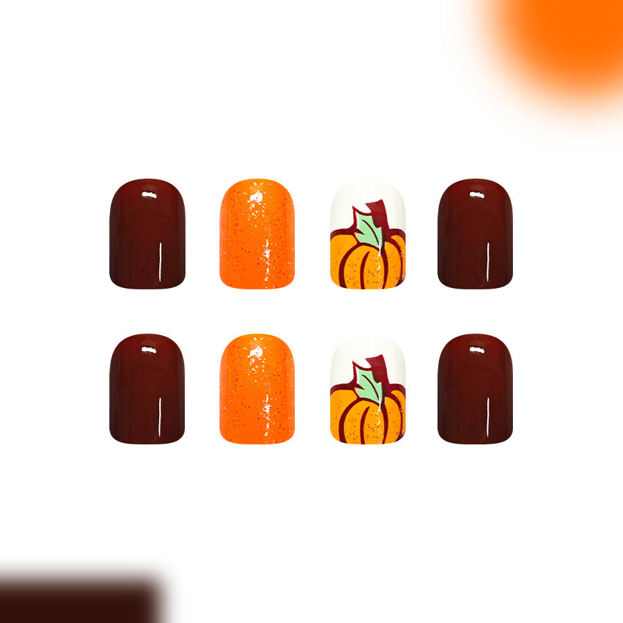 24pcs/Set Burgundy & Orange Pumpkin Press On Nails