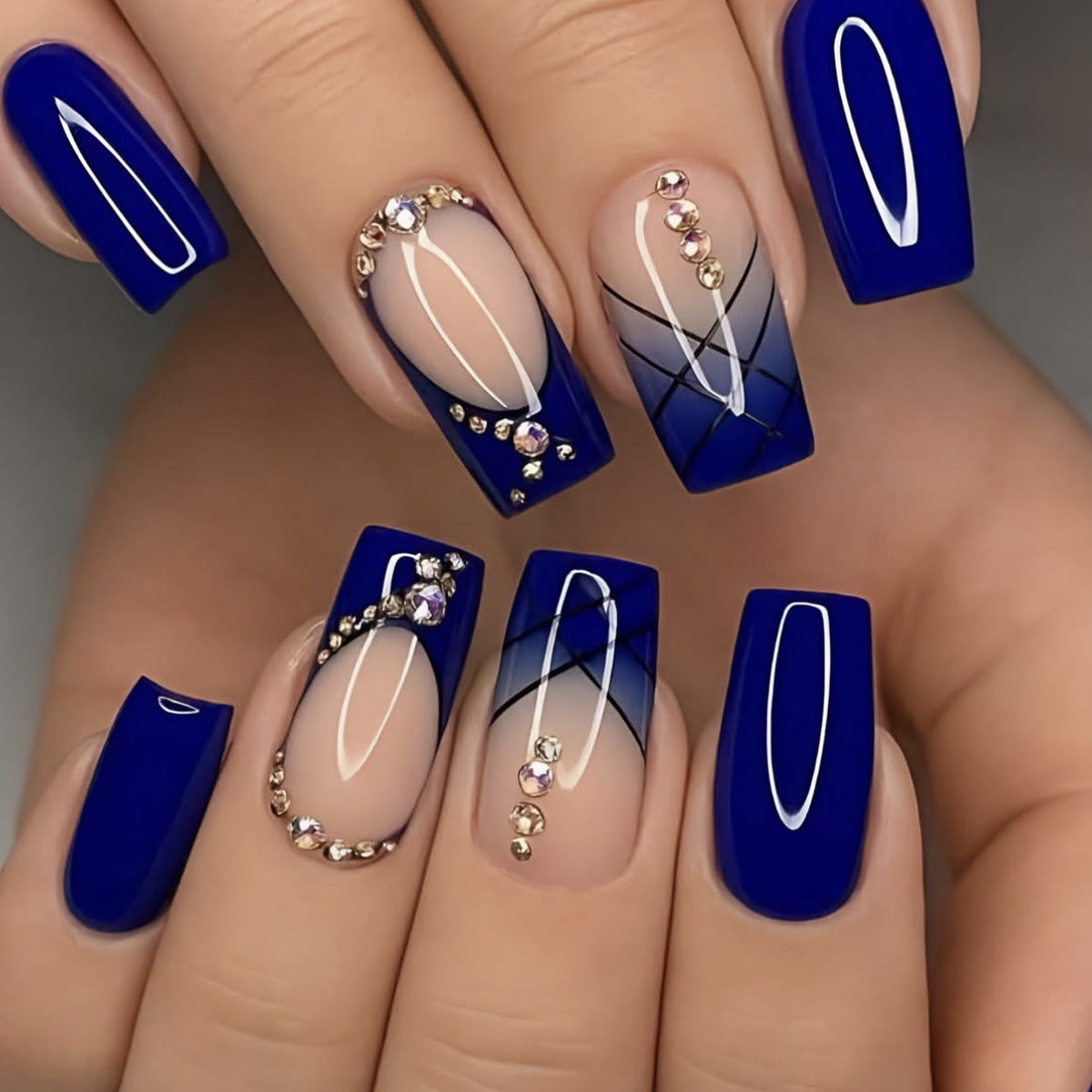 24pcs/Set Blue Ombre Black Line French Tips Press-On Nails