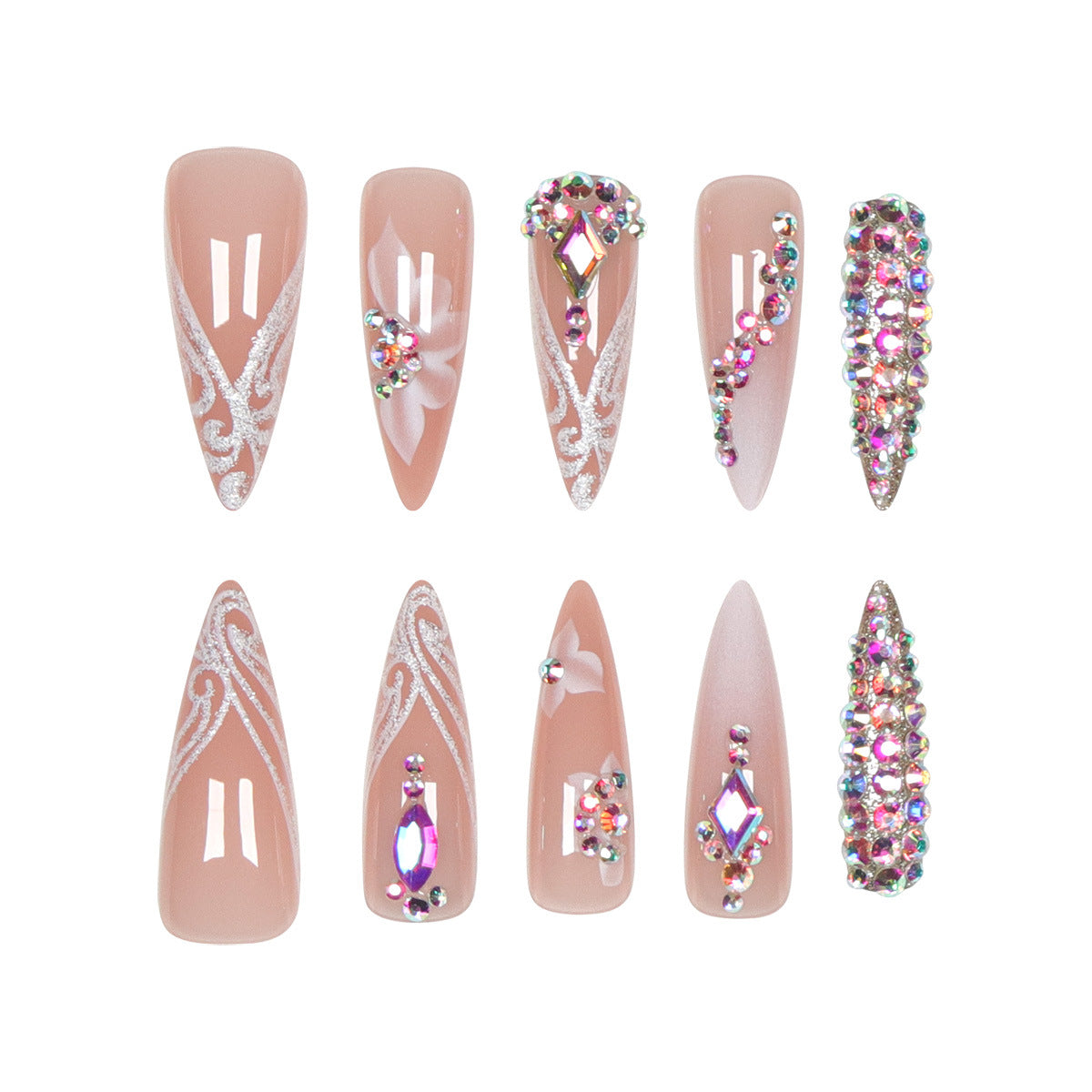 24pcs/Set 3D Floral Colorful Rhinestones Press On Nails