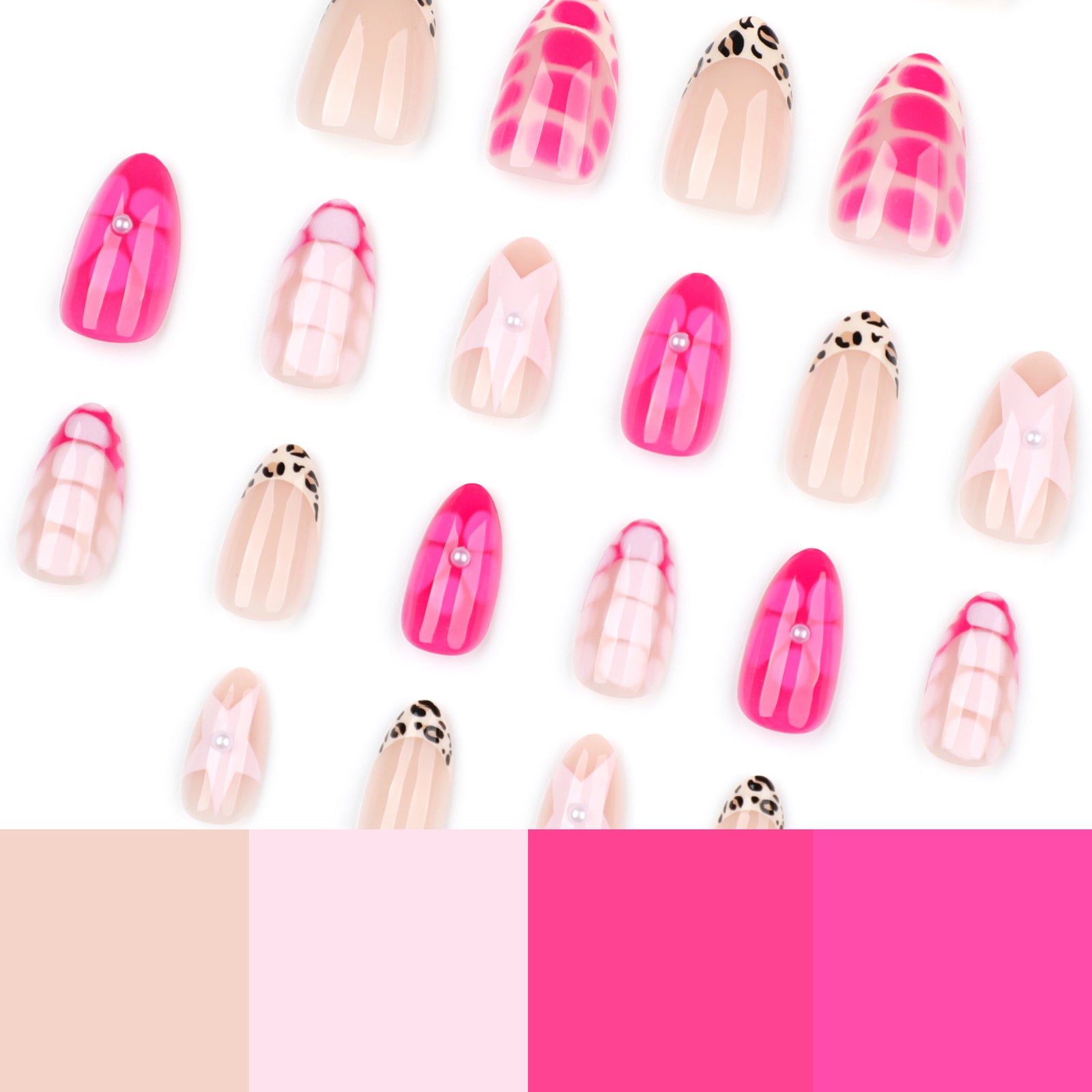 24pcs/Set Hot Pink French Tip Floral Star Press-On Nails