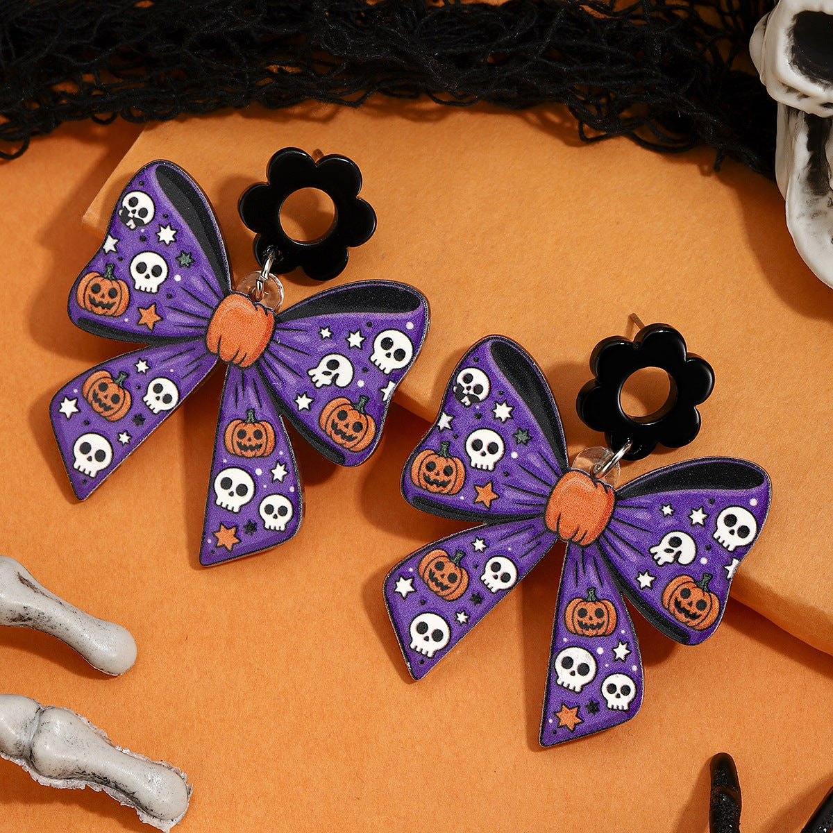 Black Bow Hollow Flower Drop Earrings