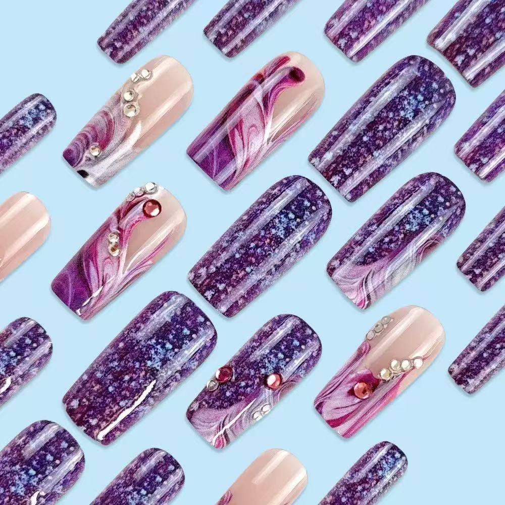 24pcs/Set Purple Gradient Feather Rhinestone Press-On Nails