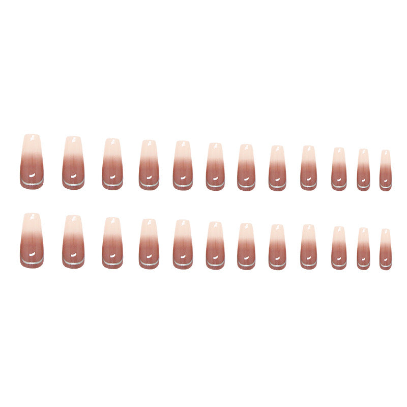 24pcs/Set Gradient Nude Brown with Silver Lines Press-On Nails