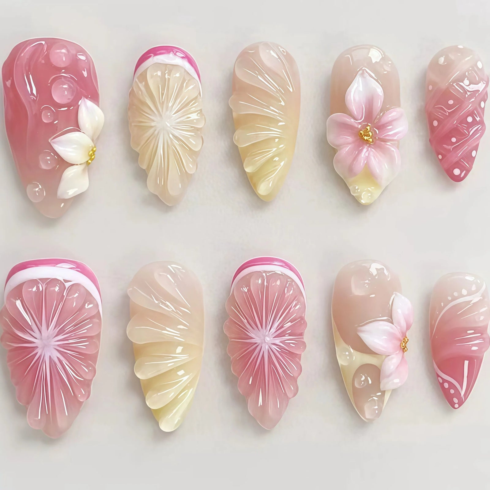 24pcs/Set 3D Embossed Floral Press-On Nails
