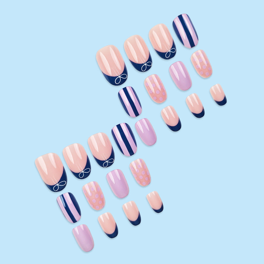 24pcs/Set Blue French Stripes & Pink Dots Press-On Nails