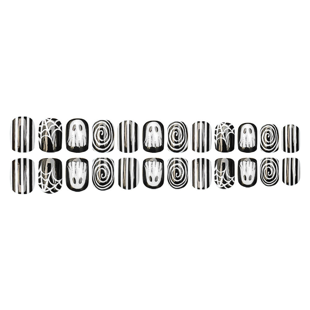 24pcs/Set Black & White Ghost Spider Web Press On Toe Nails