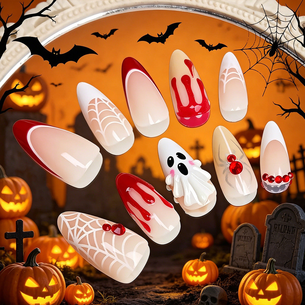 30pcs/Set Ghost & Red Spider French Press On Nails