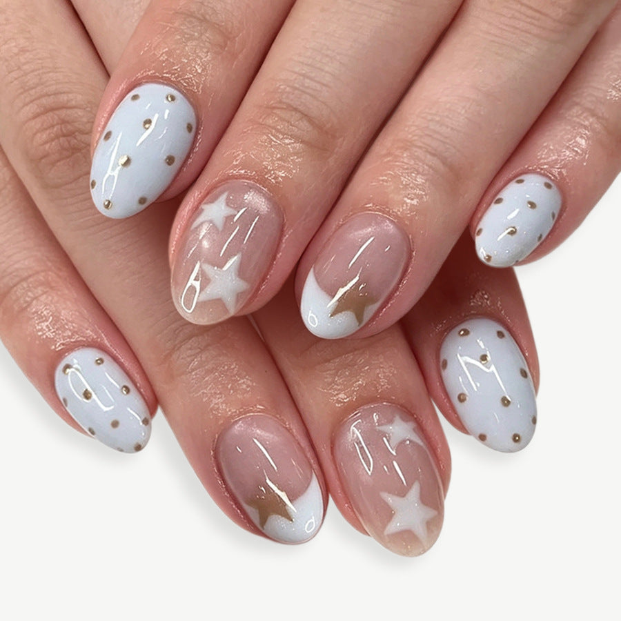 24pcs/Set French Polka Dot Star Cat Eye Press On Nails