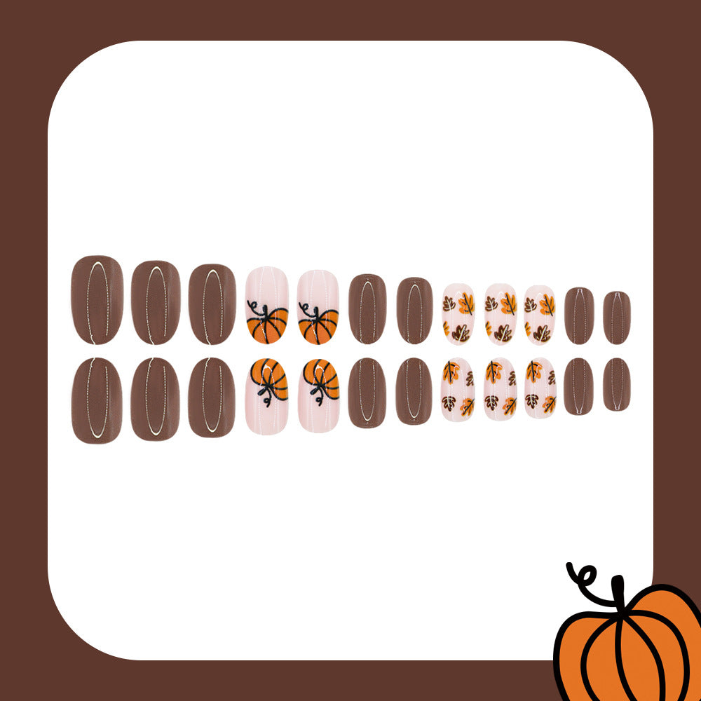 24pcs/Set Maple Leaf Pumpkin Brown Press On Nails