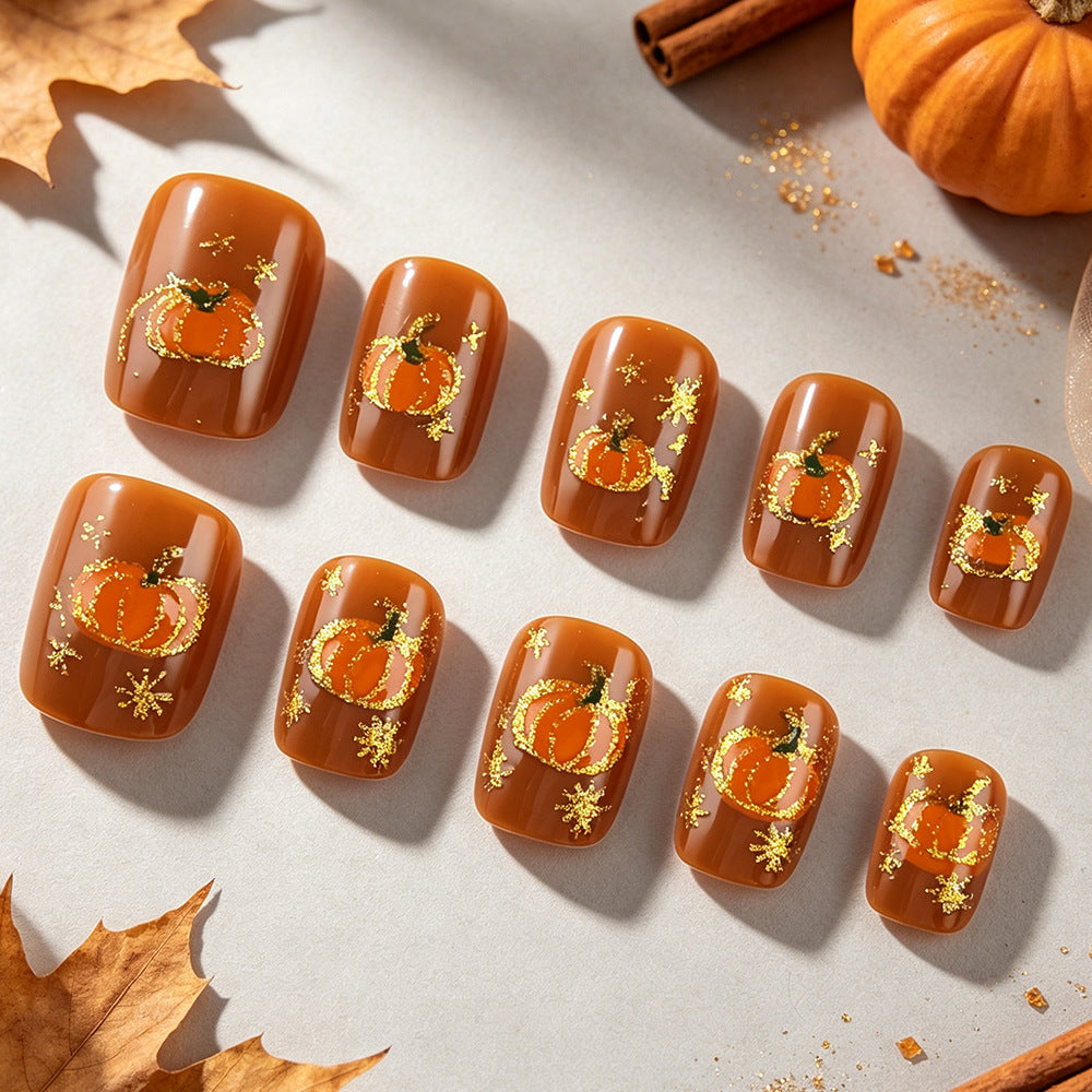 24pcs/Set Caramel Brown & Gold Pumpkin Press On Nails