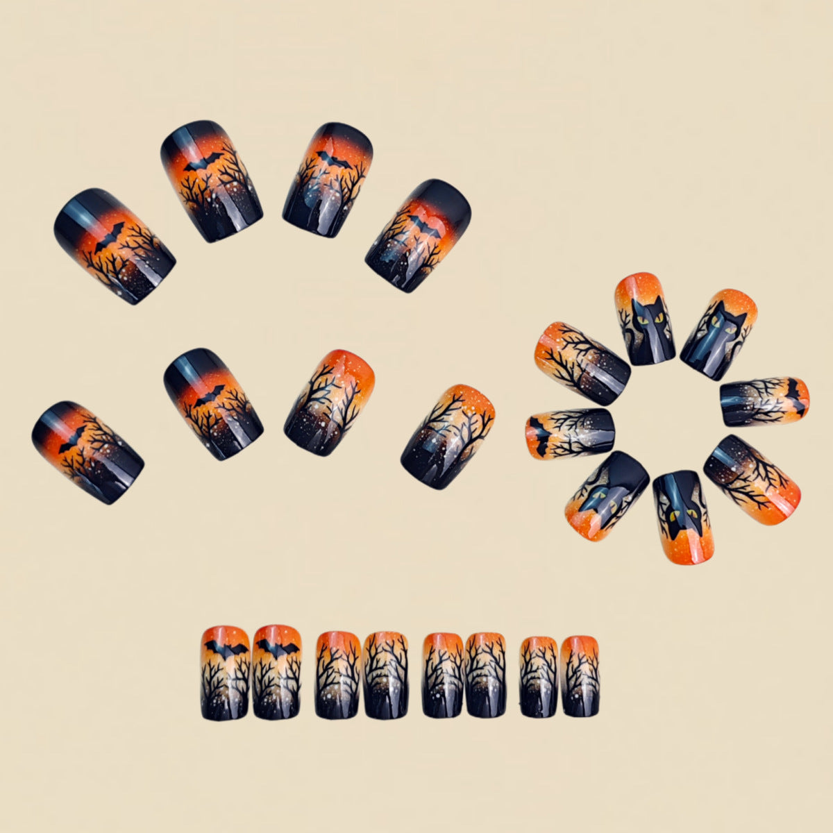 24pcs/Set Orange & Black Ombre Black Cat Press-On Nails