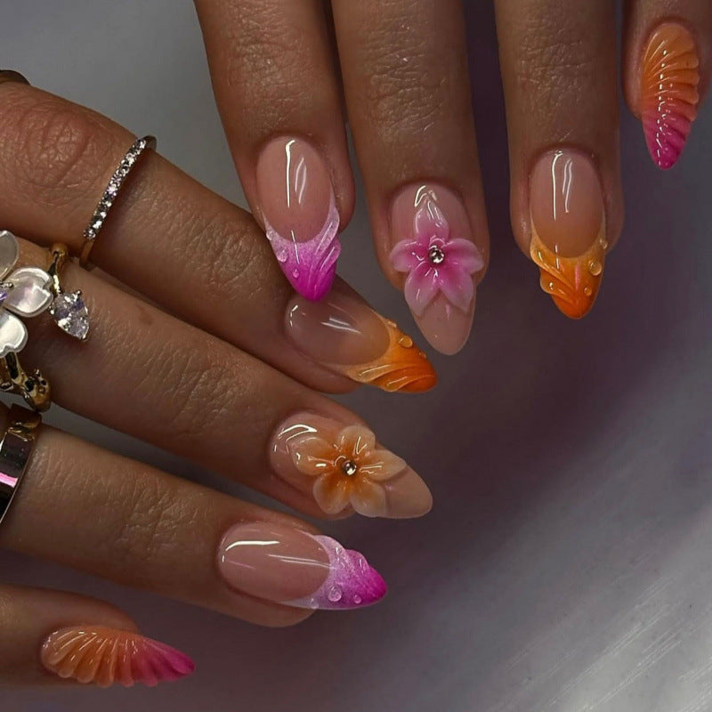 24pcs/Set French Ombre 3D Ripple Flower Press-On Nails