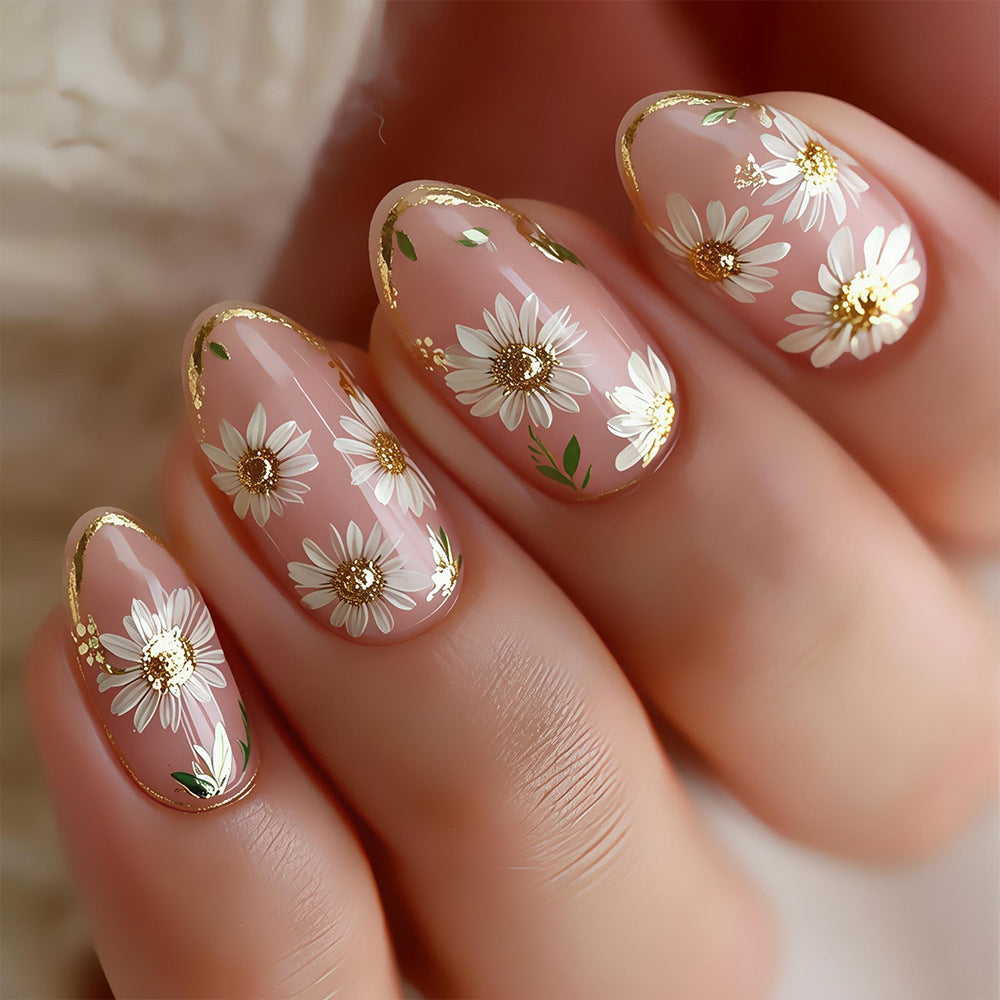 24pcs/Set Daisy Gold-Trim French Tip Nails