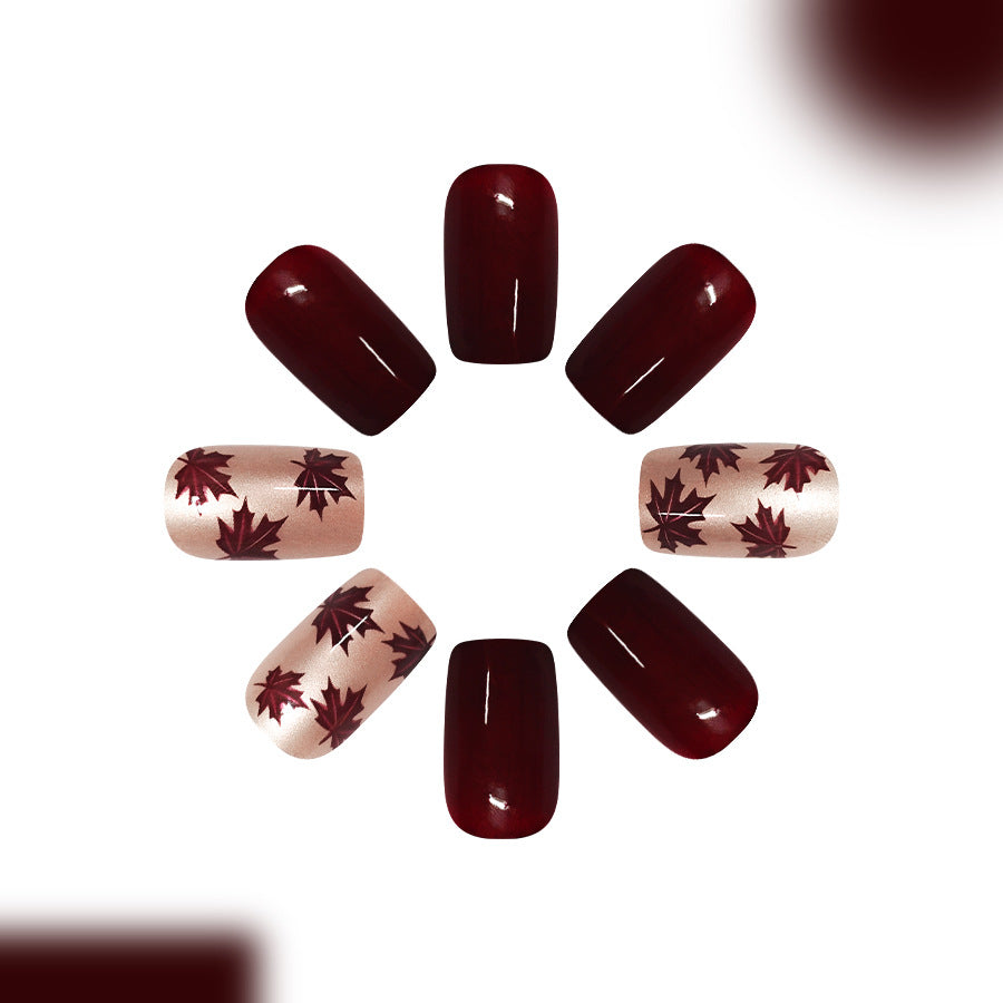 24pcs/Set Burgundy Maple Leaves Press On Nails