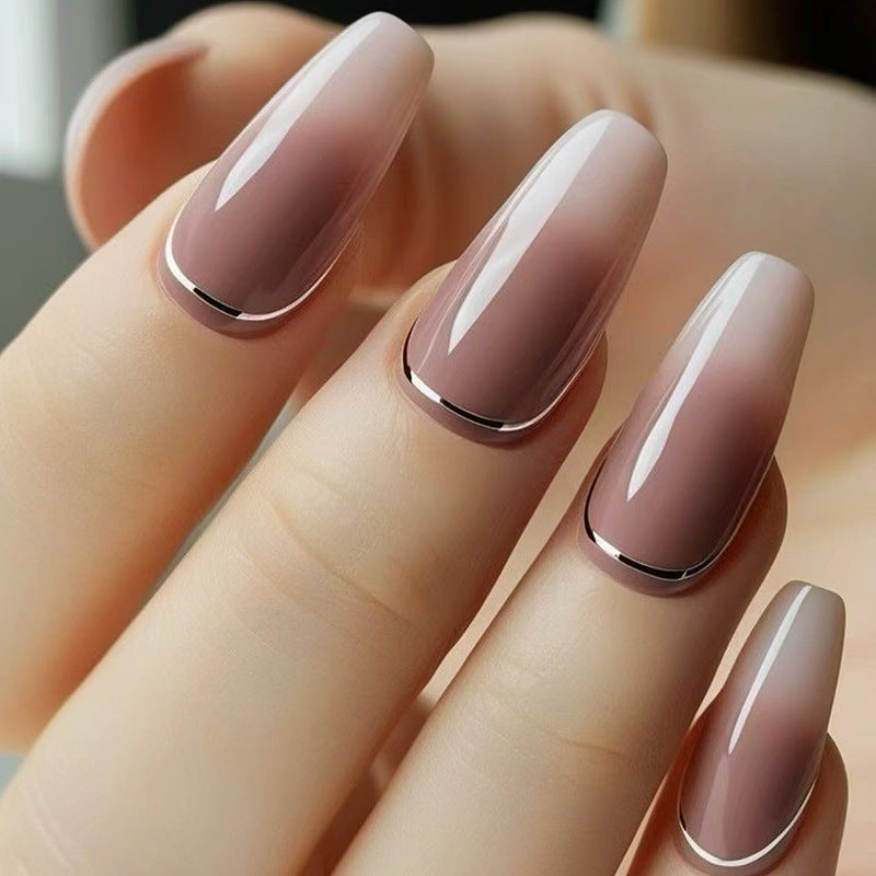 24pcs/Set Gradient Nude Brown with Silver Lines Press-On Nails