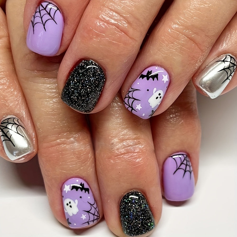 24pcs/Set Lavender Bat, Ghost & Spiderweb Press On Nails