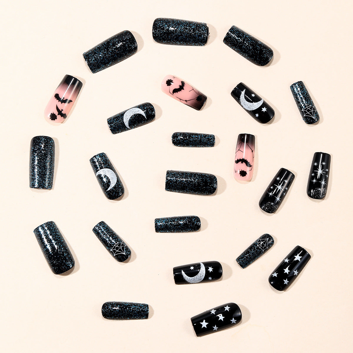 24pcs/Set Starry Night Moon & Bats Press-On Nails
