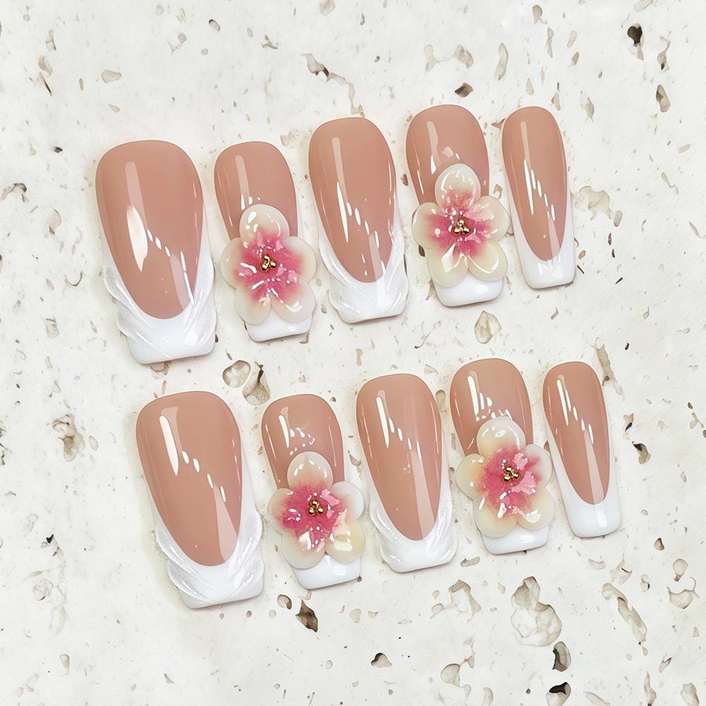 (Handmade) 10pcs/Set Nude Pink French Tip 3D Floral Press-On Nails