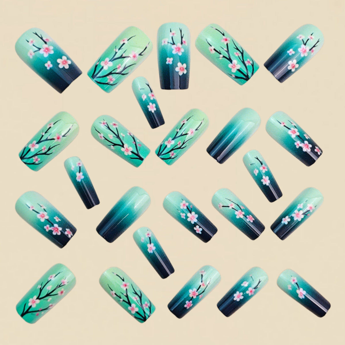24pcs/Set Teal Green Gradient Peach Blossom Press-On Nails