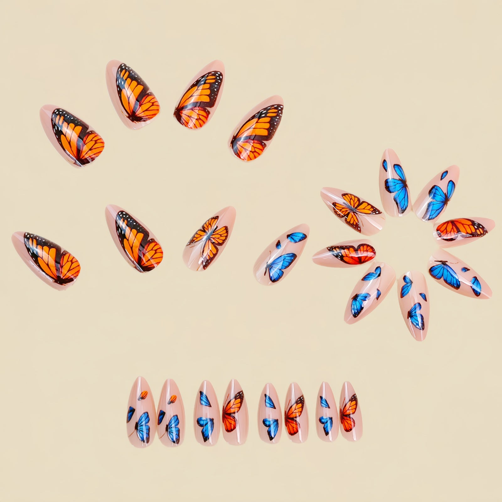 24pcs/Set Gradient Blue to Orange Butterfly Press-On Nails