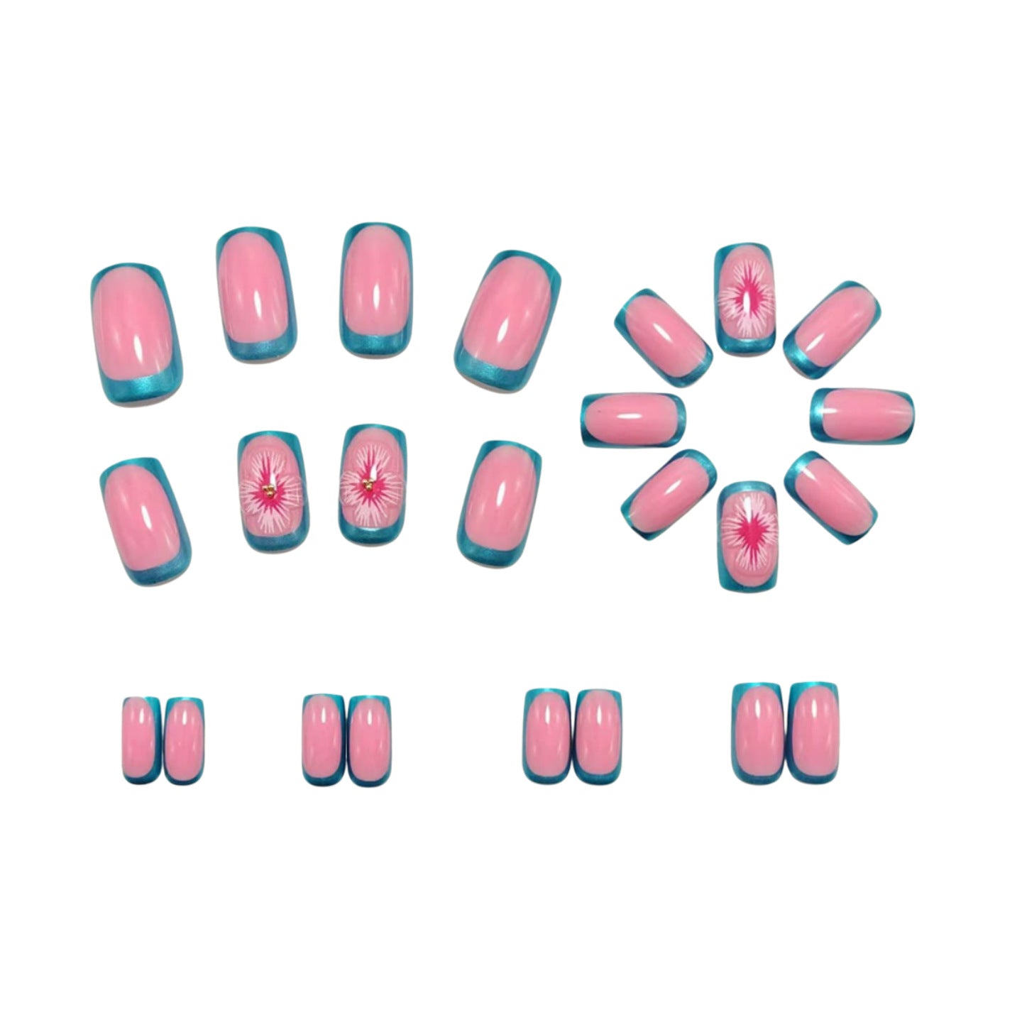 24pcs/Set Pink and Green Color-Block French Tips with 3D Flowers Press-On Nails