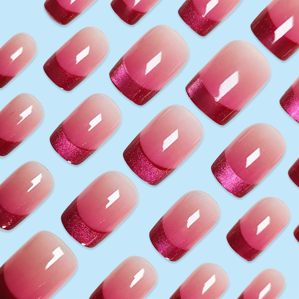 24pcs/Set Pink Gradient Cat Eye French Press-On Nails