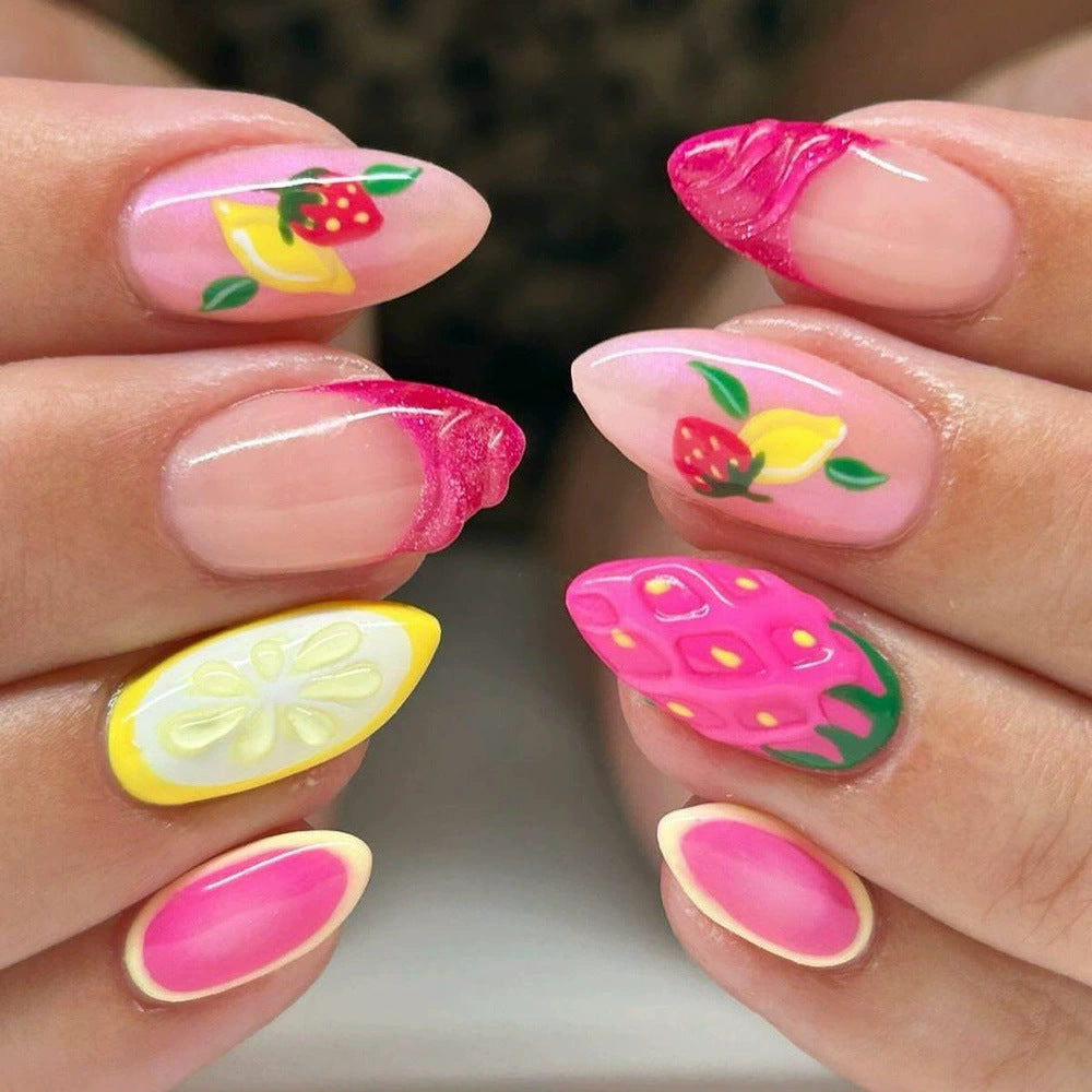 24pcs/Set 3D Strawberry & Lemon French Press-On Nails