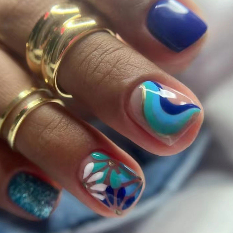 24pcs/Set Blue Floral Wave Press On Nails