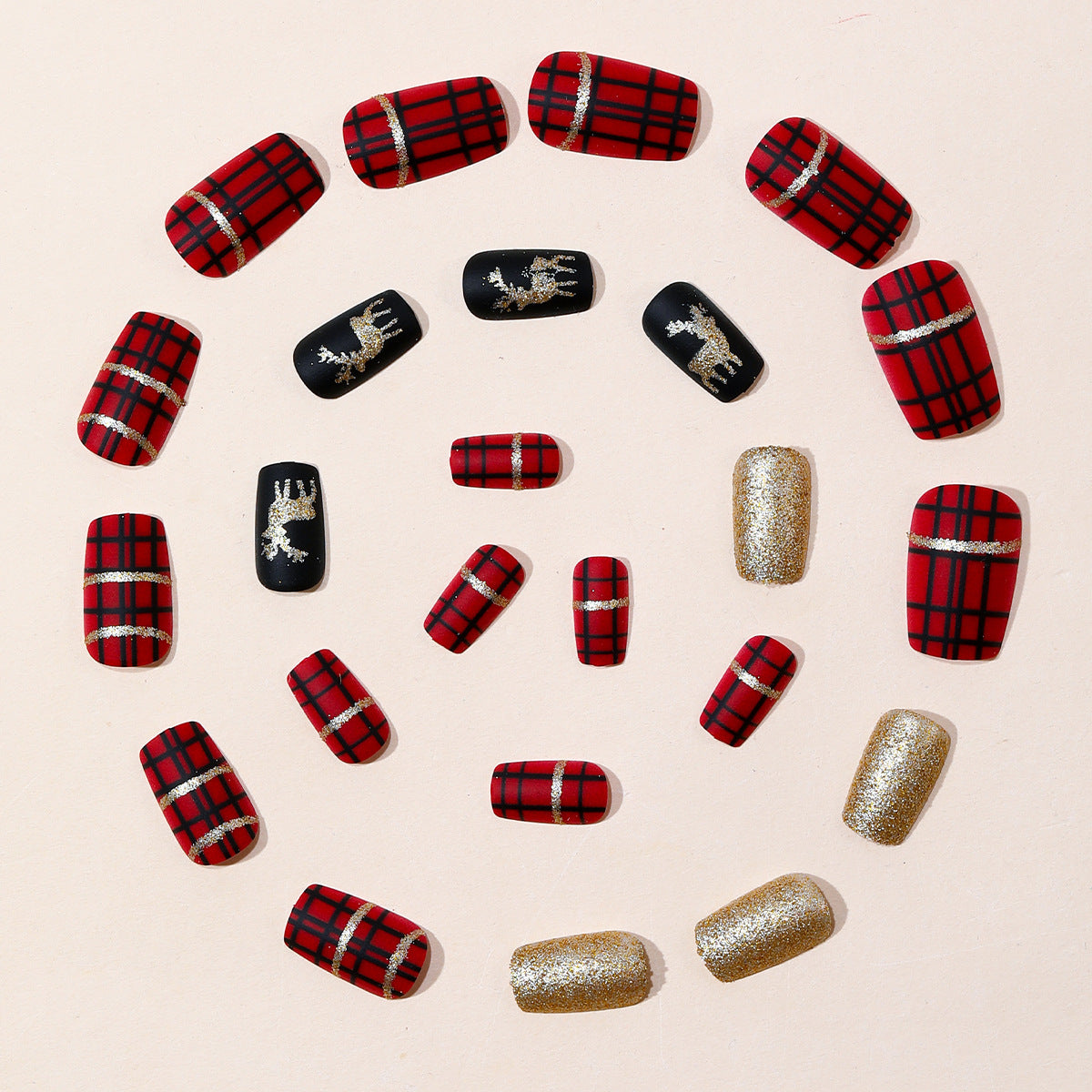 24pcs/Set Black and Red Plaid with Gold Reindeer Press-On Nails