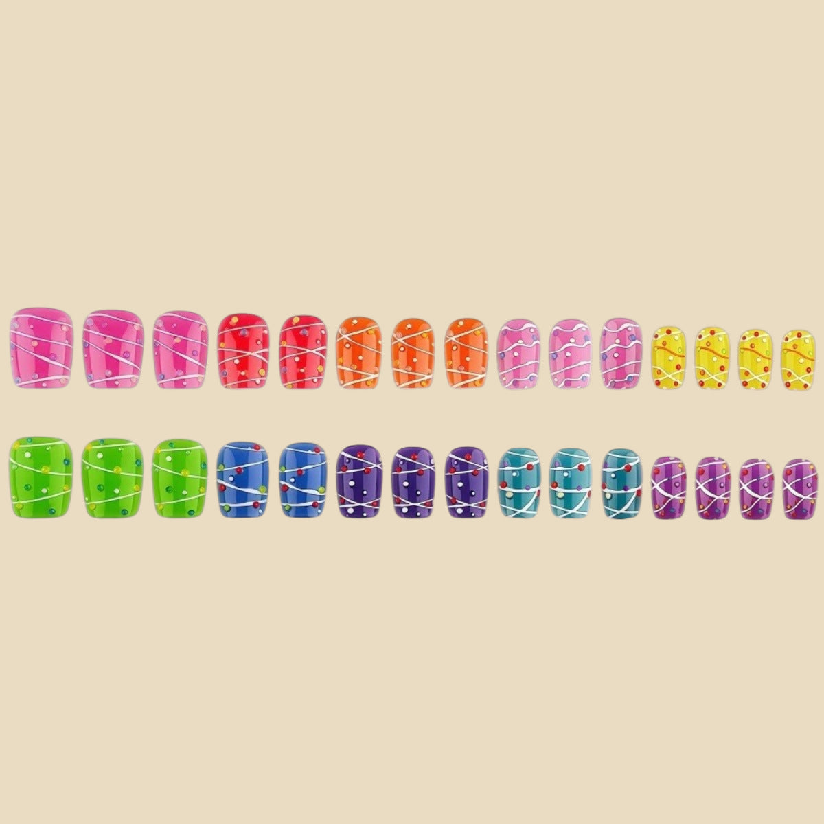 30pcs/Set Colorful Polka Dots with White Lines Press On Nails