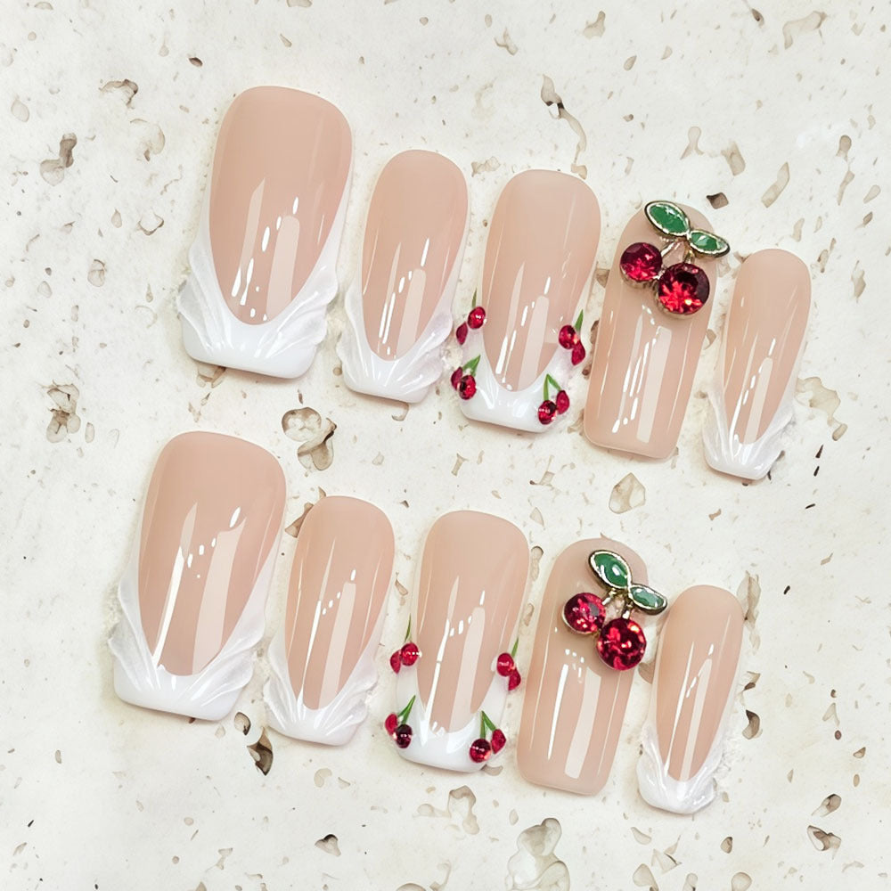 (Handmade) 10pcs/Set White French Tip 3D Cherry Rhinestone Press-On Nails