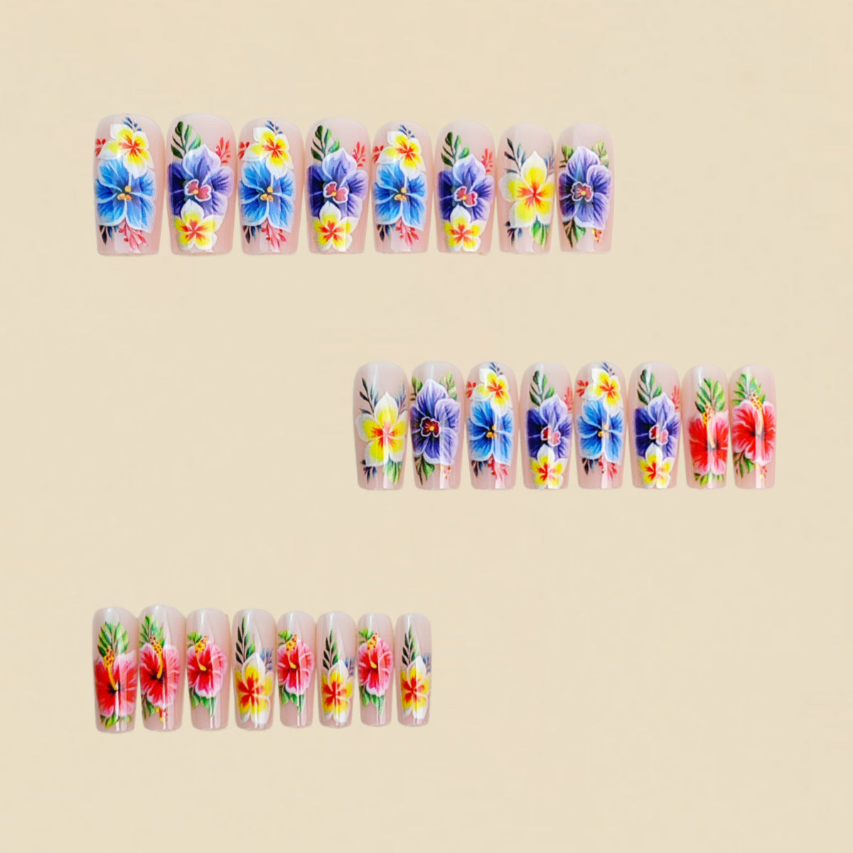 24pcs/Set Hibiscus & Plumeria Floral Press-On Nails