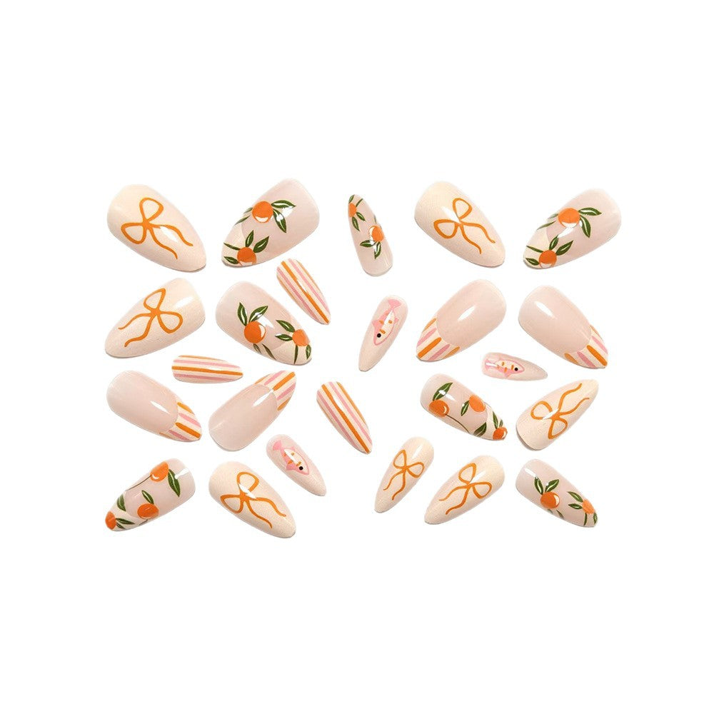 24pcs/Set Orange French Tip with Bow Press On Nails