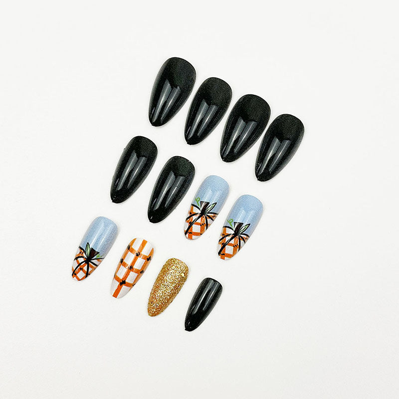 24pcs/Set Pumpkin Plaid Glitter Press On Nails
