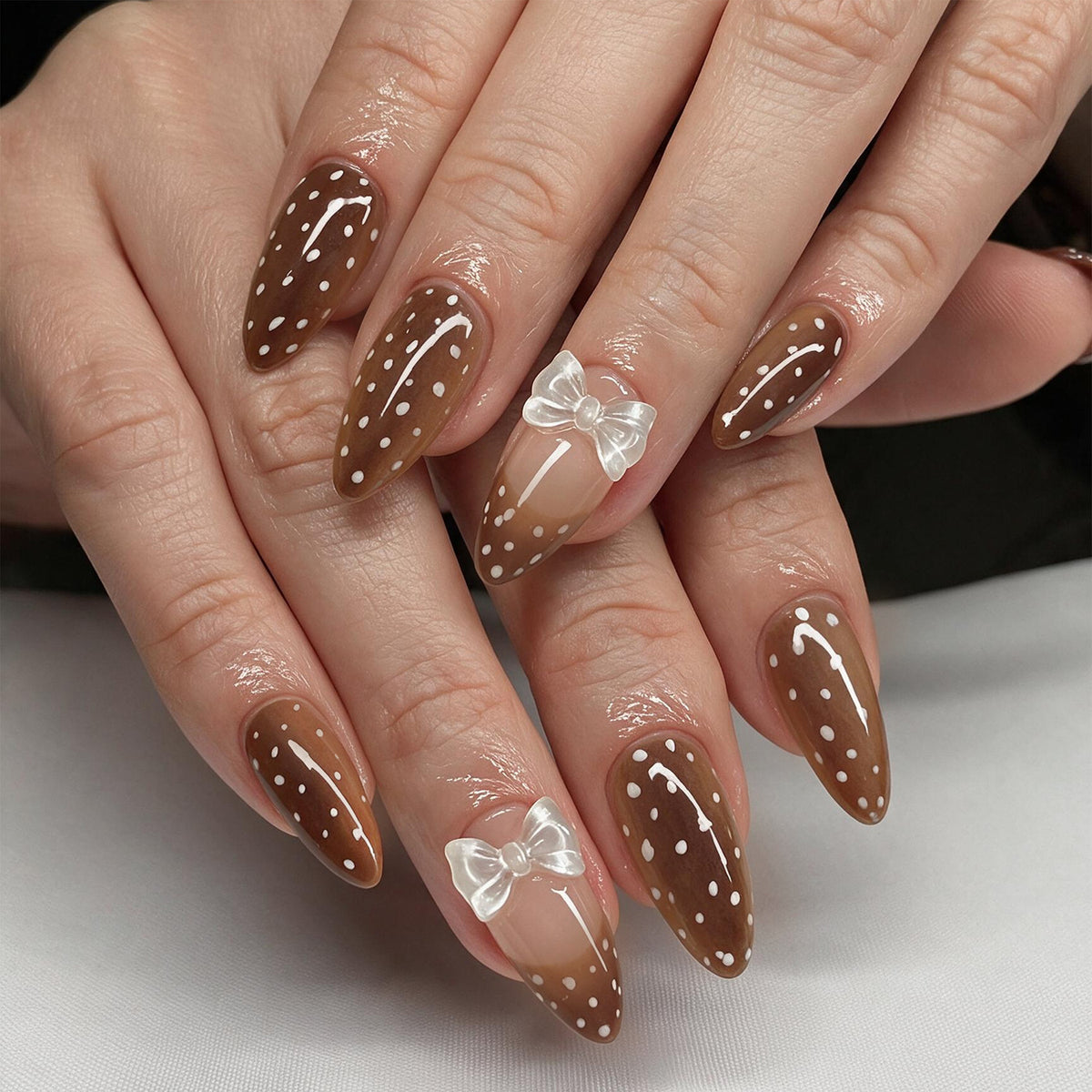 24pcs/Set Polka Dot French with Bows Press On Nails