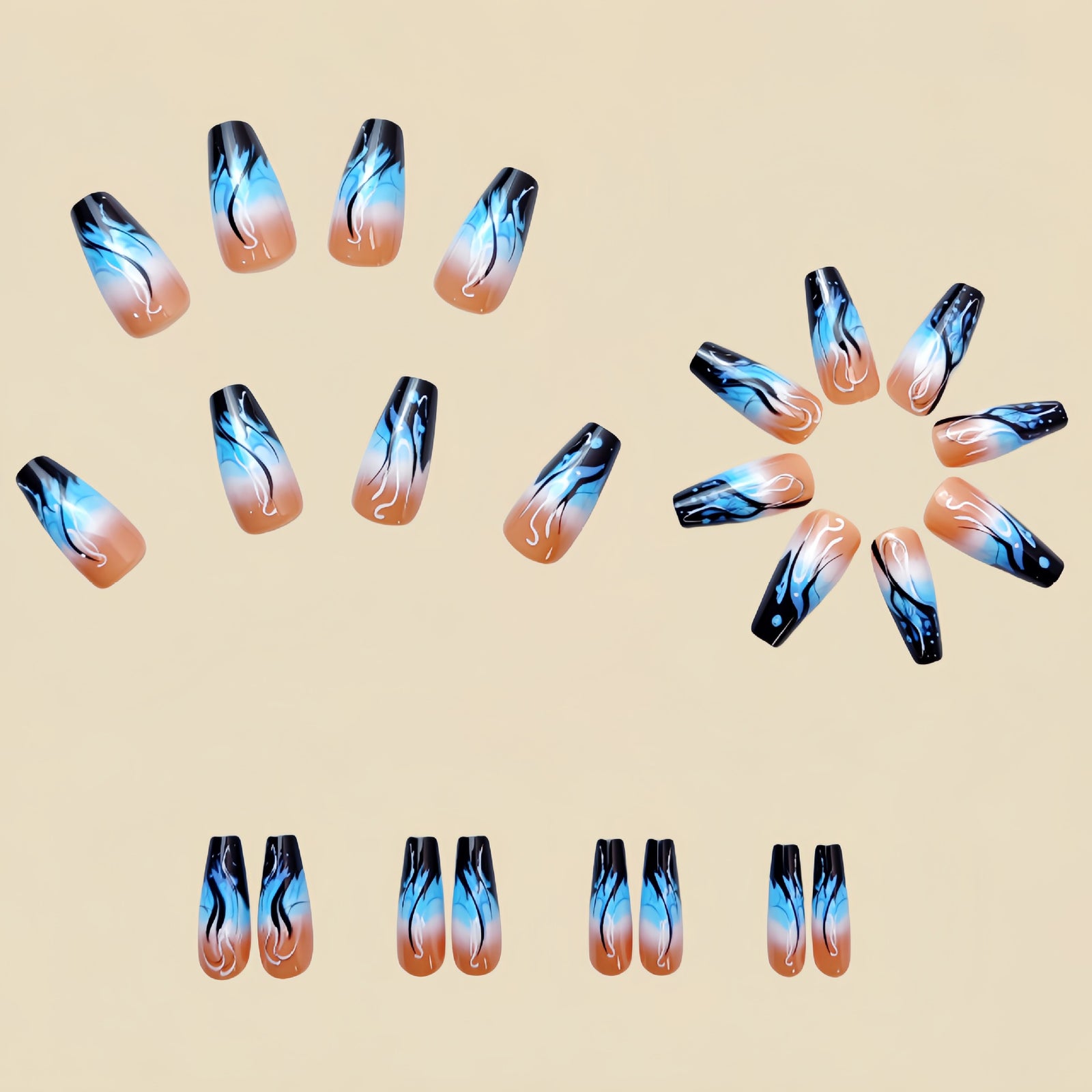 24pcs/Set Blue Ombre Flame Press-On Nails