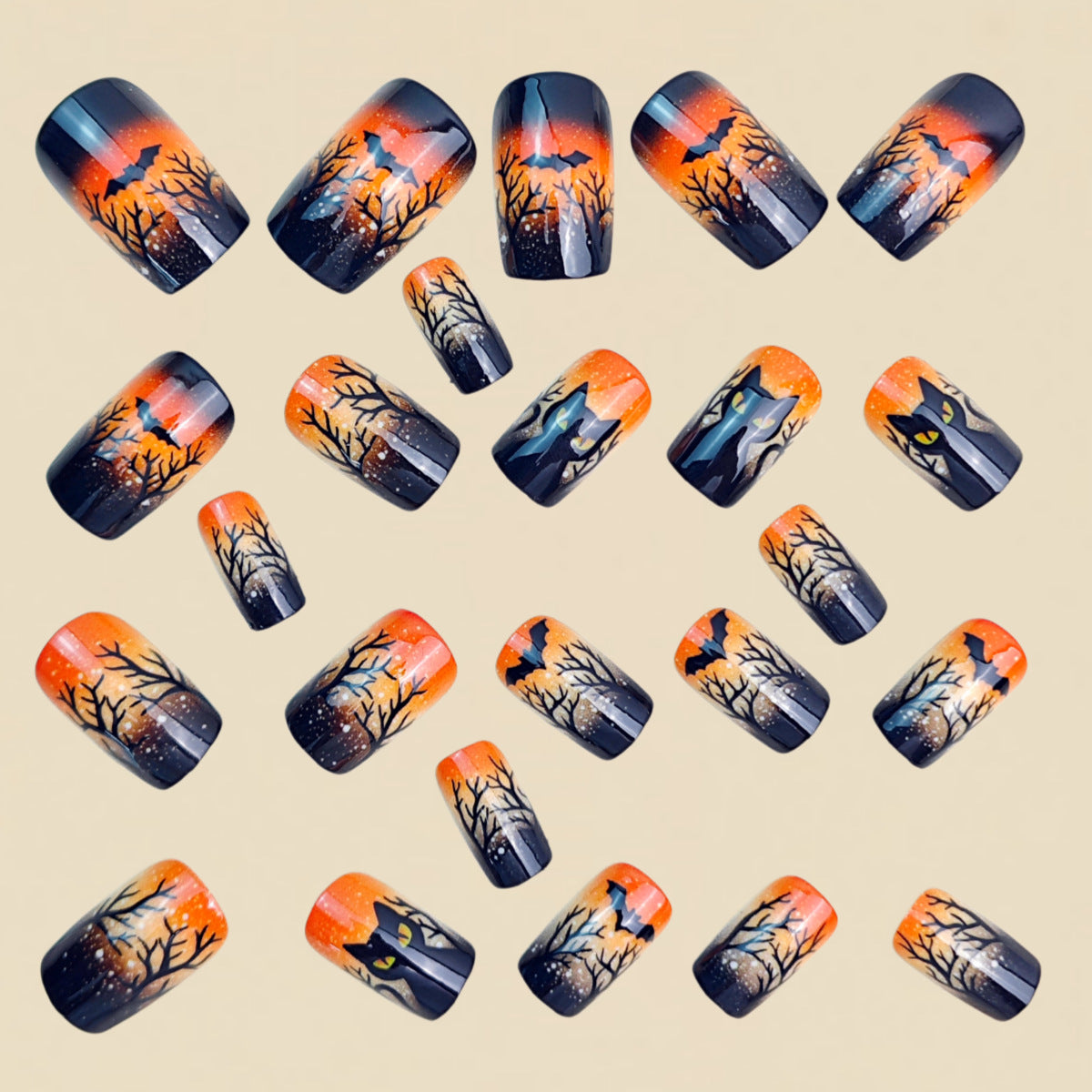 24pcs/Set Orange & Black Ombre Black Cat Press-On Nails