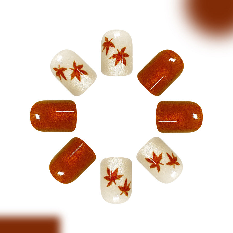 24pcs/Set Red Brown Cat Eye Maple Leaf Press On Nails