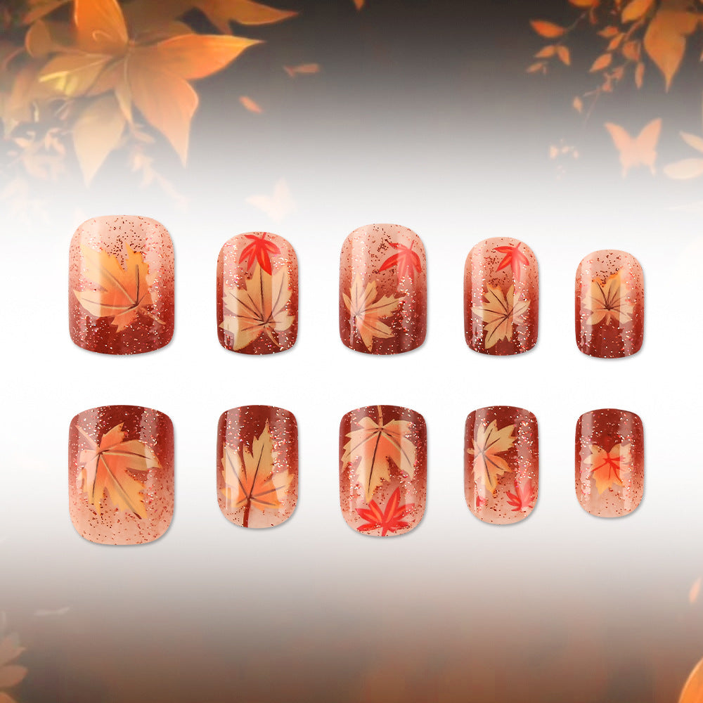 24pcs/Set Glitter Maple Leaf Pattern Press-On Nails