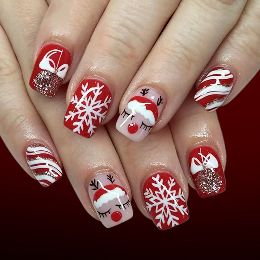 24pcs/Set Sleeping Santa & White Snowflakes Press-On Nails